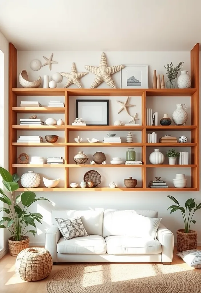 21 Coastal Living Room Inspirations to Bring the Beach to Your Home (Wait Until You See #12!) - 7. Open Shelving