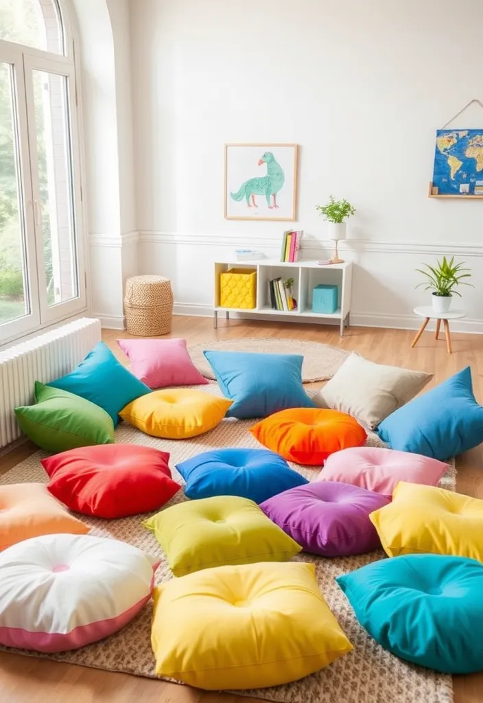 21 Creative Kids Play Corner Ideas for Your Living Room That'll Inspire Hours of Fun! - 21. Playful Floor Cushions