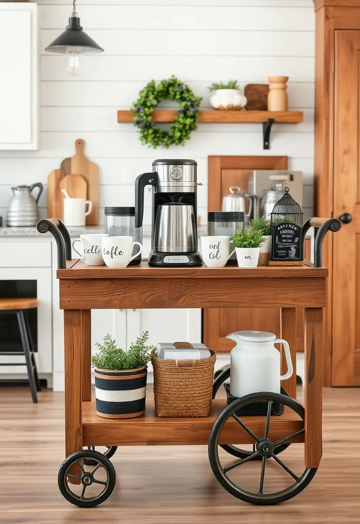 21 Farmhouse Coffee Bar Ideas That'll Bring Rustic Charm to Your Home! - 1. Rustic Wooden Cart Coffee Bar