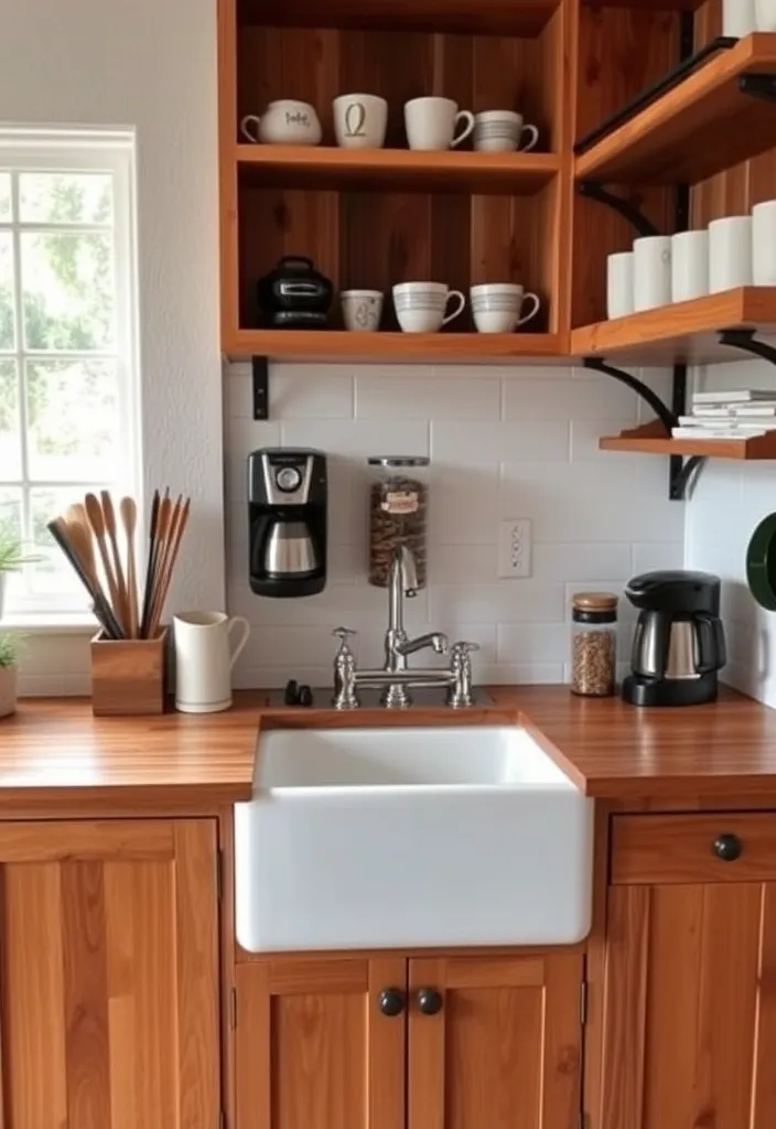 21 Farmhouse Coffee Bar Ideas That'll Bring Rustic Charm to Your Home! - 10. Farmhouse Sink Coffee Bar