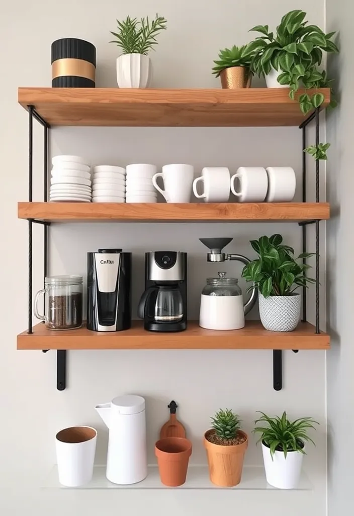 21 Farmhouse Coffee Bar Ideas That'll Bring Rustic Charm to Your Home! - 12. Open Shelf Coffee Station