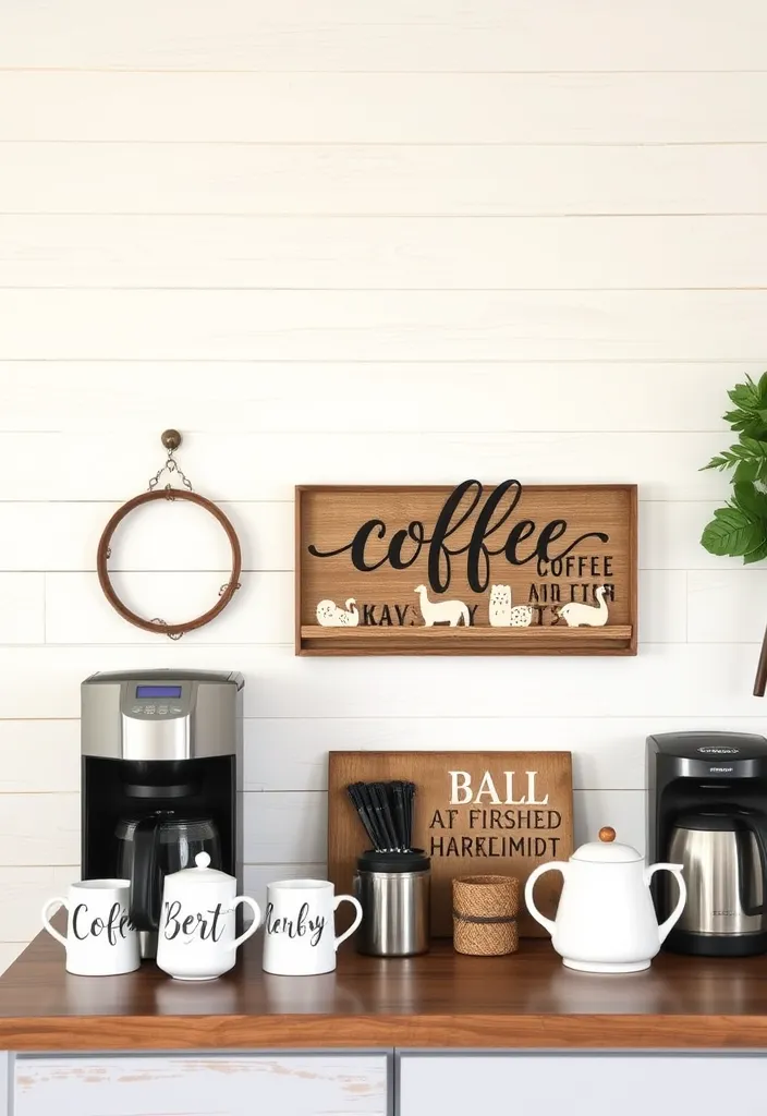 21 Farmhouse Coffee Bar Ideas That'll Bring Rustic Charm to Your Home! - 14. Textured Wall Backdrop