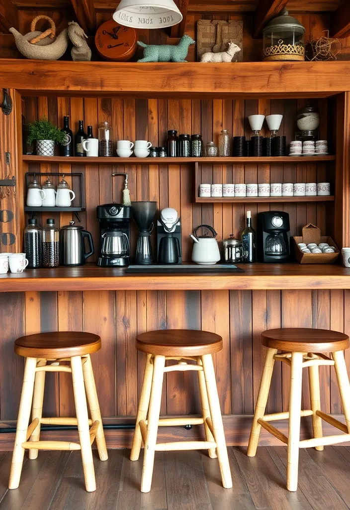 21 Farmhouse Coffee Bar Ideas That'll Bring Rustic Charm to Your Home! - 16. Rustic Coffee Bar with Barstools