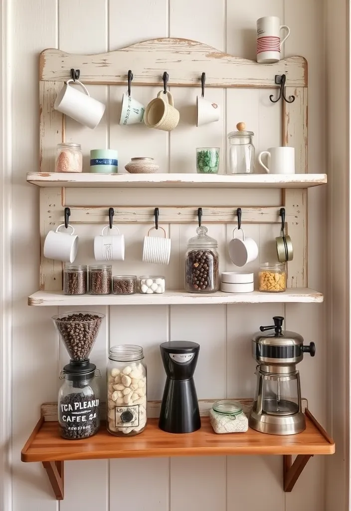 21 Farmhouse Coffee Bar Ideas That'll Bring Rustic Charm to Your Home! - 2. Shabby Chic Wall-Mounted Coffee Station