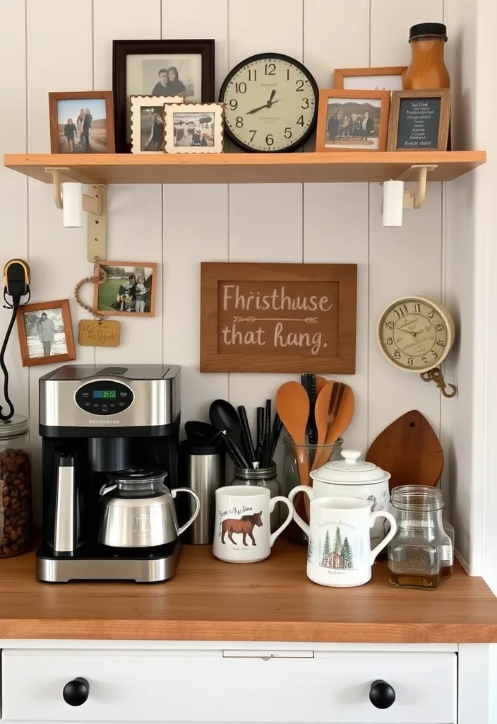 21 Farmhouse Coffee Bar Ideas That'll Bring Rustic Charm to Your Home! - 21. Farmhouse Coffee Bar with Personal Touches