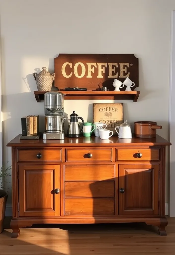 21 Farmhouse Coffee Bar Ideas That'll Bring Rustic Charm to Your Home! - 3. Farmhouse-Style Buffet Coffee Bar