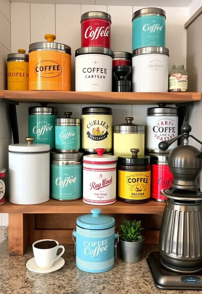 21 Farmhouse Coffee Bar Ideas That'll Bring Rustic Charm to Your Home! - 5. Vintage Coffee Canister Display