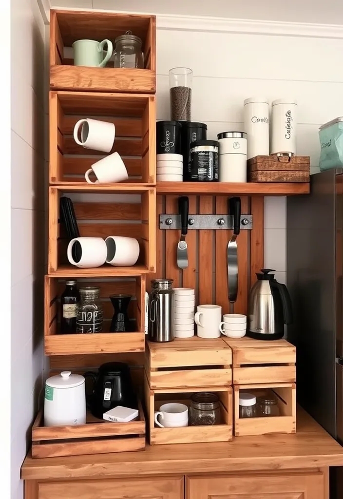 21 Farmhouse Coffee Bar Ideas That'll Bring Rustic Charm to Your Home! - 7. Repurposed Wooden Crate Storage