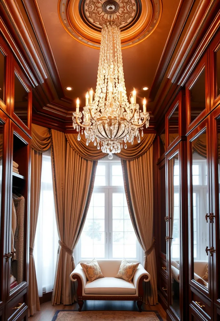 21 Glamorous Walk-In Closet Ideas That'll Make You Swoon! - 2. Glamorous Crystal Chandelier Glow