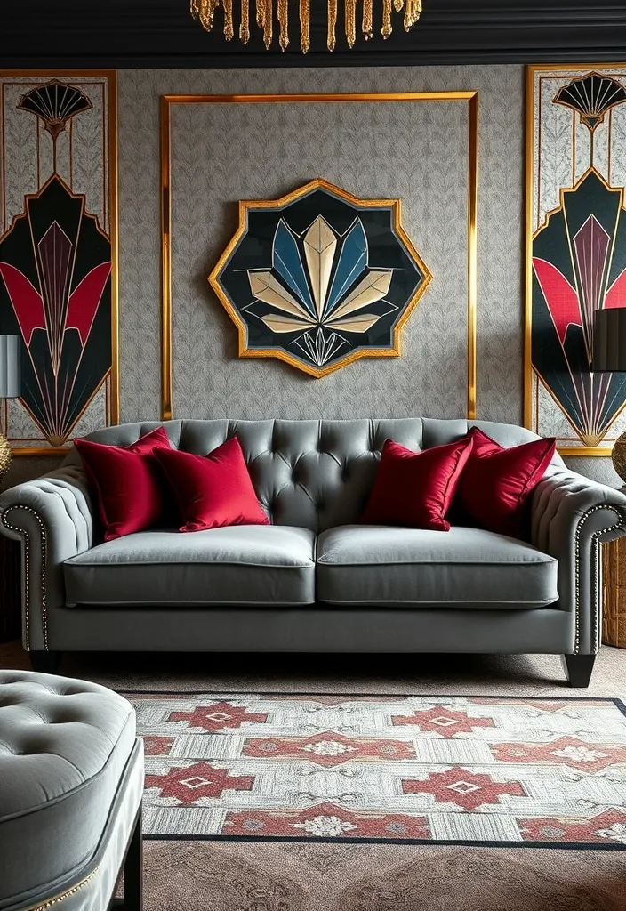 21 Stunning Grey Couch Living Room Ideas That'll Transform Your Space! - 10. Art Deco Revival