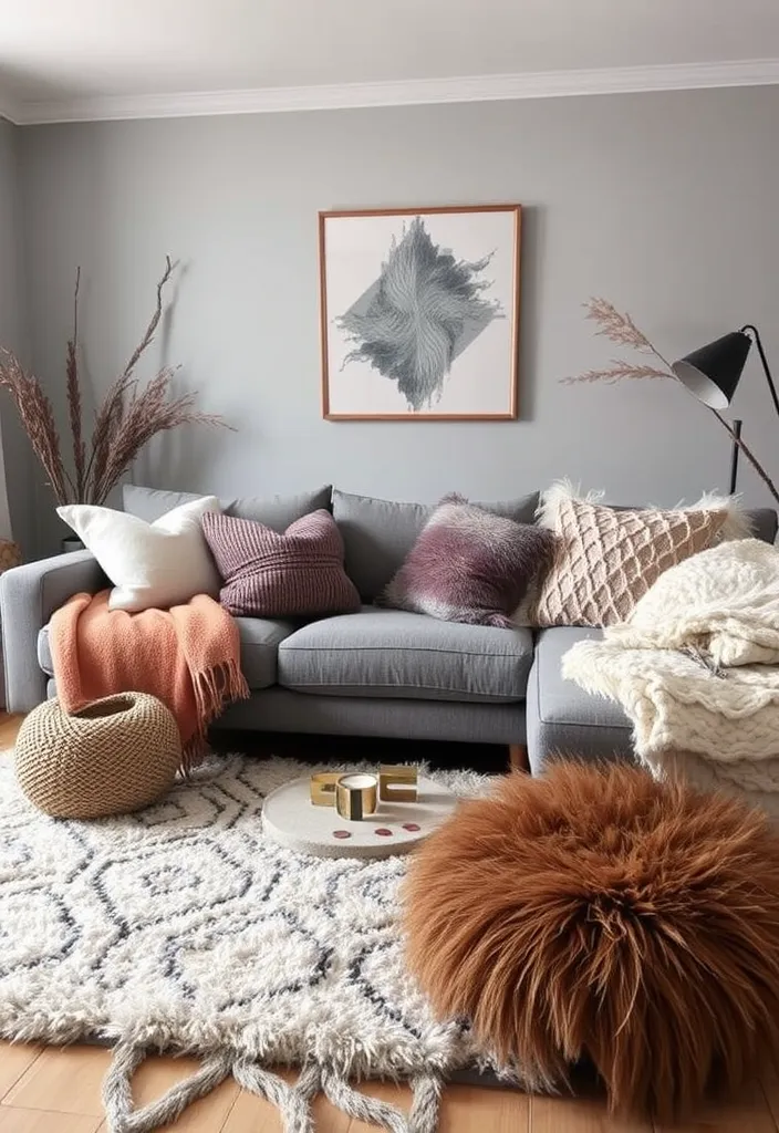 21 Stunning Grey Couch Living Room Ideas That'll Transform Your Space! - 13. Layered Textures