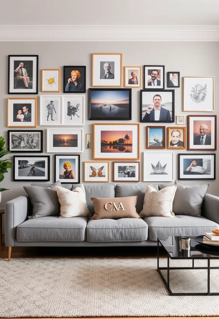 21 Stunning Grey Couch Living Room Ideas That'll Transform Your Space! - 18. Gallery Wall