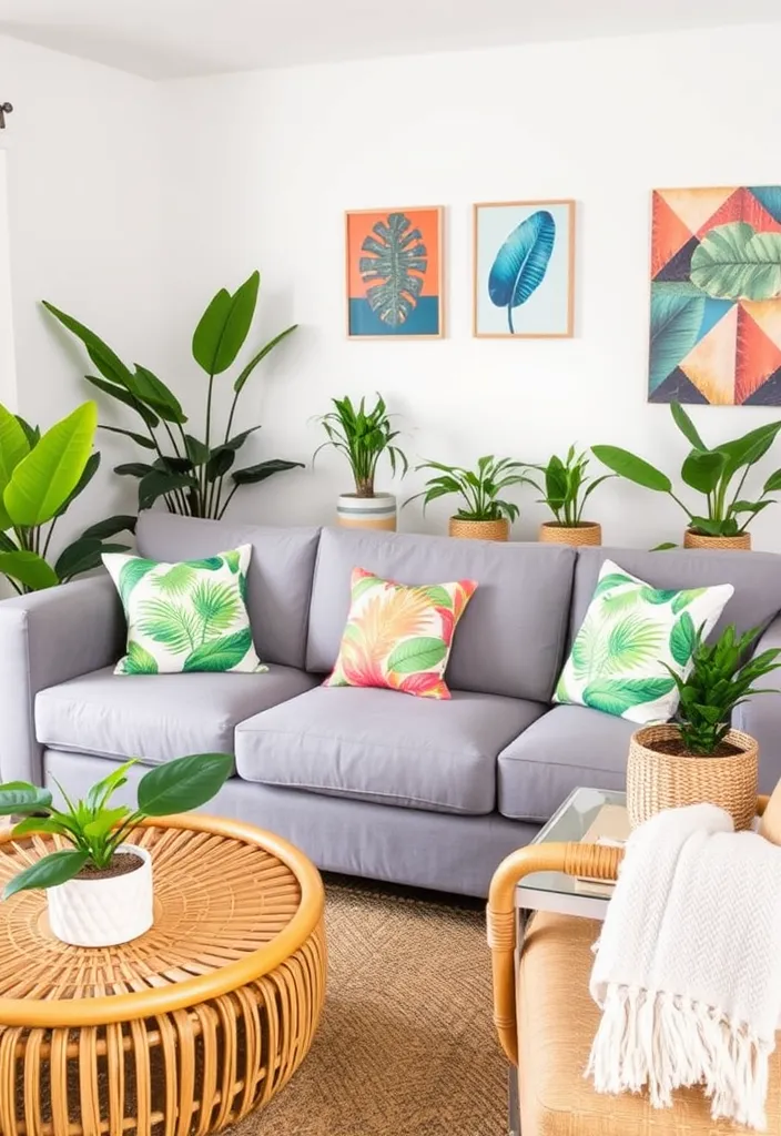 21 Stunning Grey Couch Living Room Ideas That'll Transform Your Space! - 9. Tropical Vibes