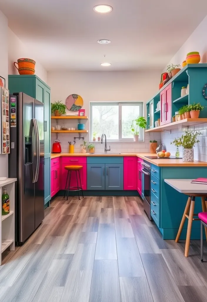 21 Trendy Grey Wood Floor Ideas for Timeless Home Style - 17. Colorful Kitchen