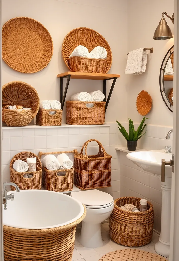 22 Bathroom Wall Decor Ideas That Will Transform Your Space! - 16. Artistic Baskets