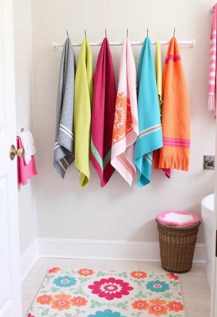 22 Bathroom Wall Decor Ideas That Will Transform Your Space! - 19. Colorful Towels and Mats