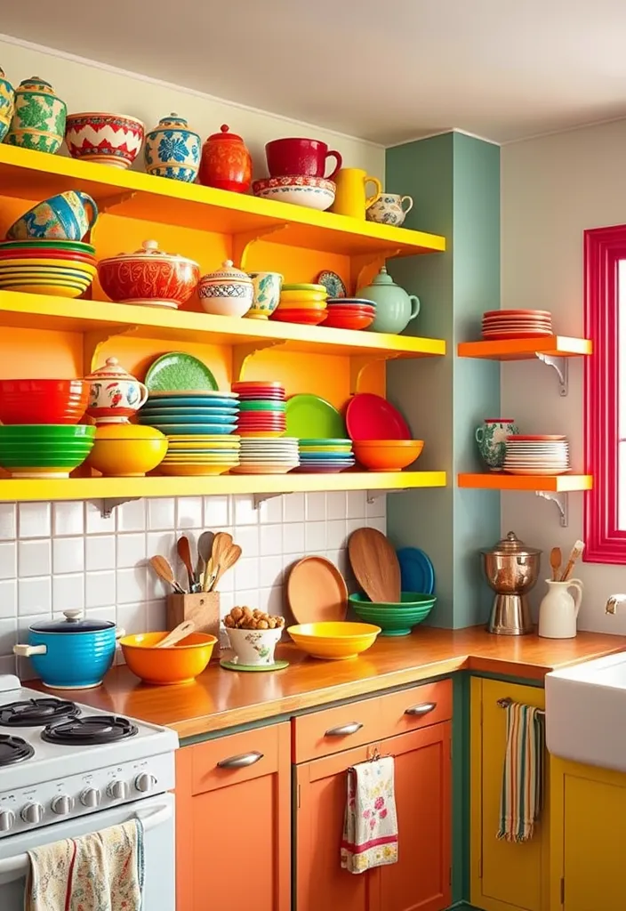 22 Open Shelf Decor Ideas That Will Transform Your Kitchen into a Stylish Oasis! - 3. Vibrant Color Pop