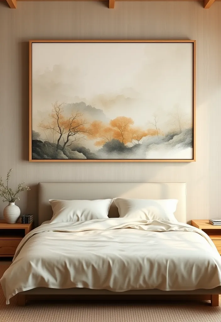 22 Serene Japandi Bedroom Oasis Ideas That Will Transform Your Space into a Zen Retreat! - 7. Artwork with a Purpose