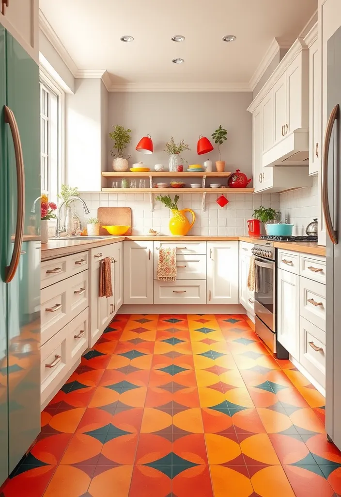 22 Stunning Flooring Ideas That Will Complement Your White Kitchen Cabinets Perfectly! - 11. Colorful Linoleum