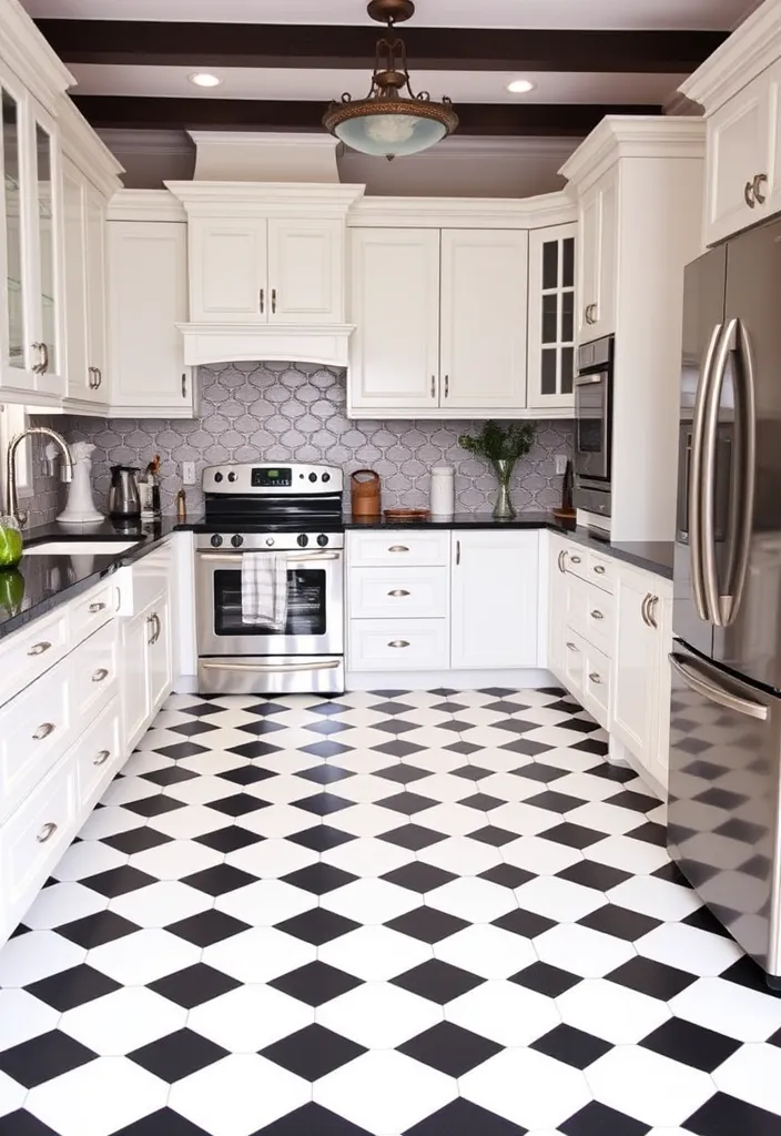 22 Stunning Flooring Ideas That Will Complement Your White Kitchen Cabinets Perfectly! - 22. Sophisticated Black and White Checkerboard