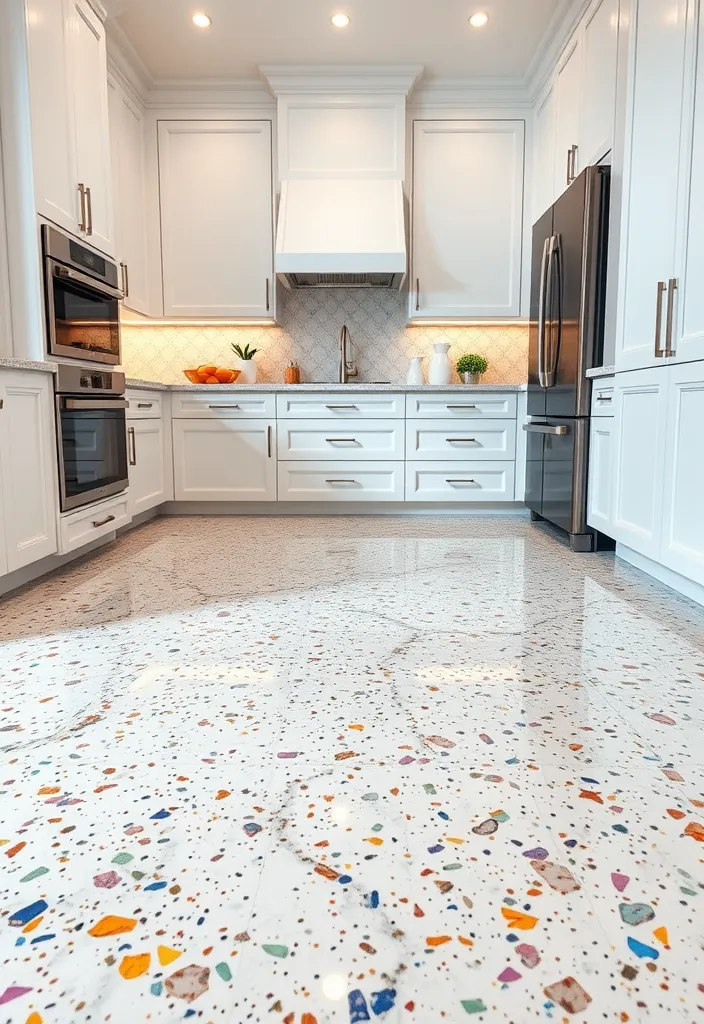 22 Stunning Flooring Ideas That Will Complement Your White Kitchen Cabinets Perfectly! - 9. Glossy Terrazzo