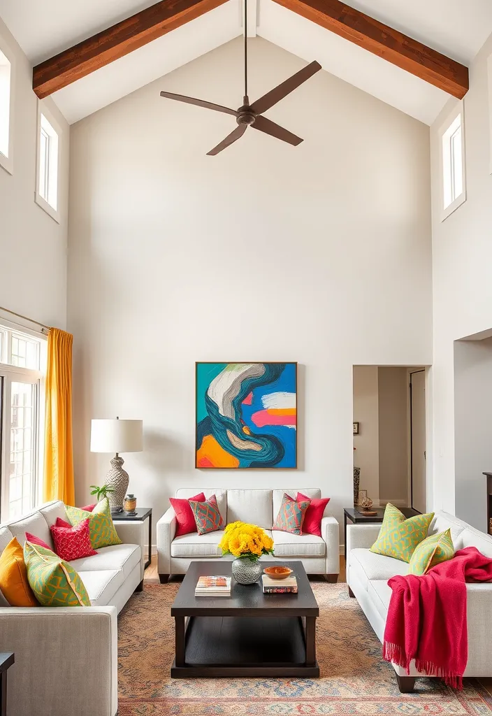 23 Breathtaking High Ceiling Living Room Ideas That Will Leave You Speechless! - 16. Colorful Accents