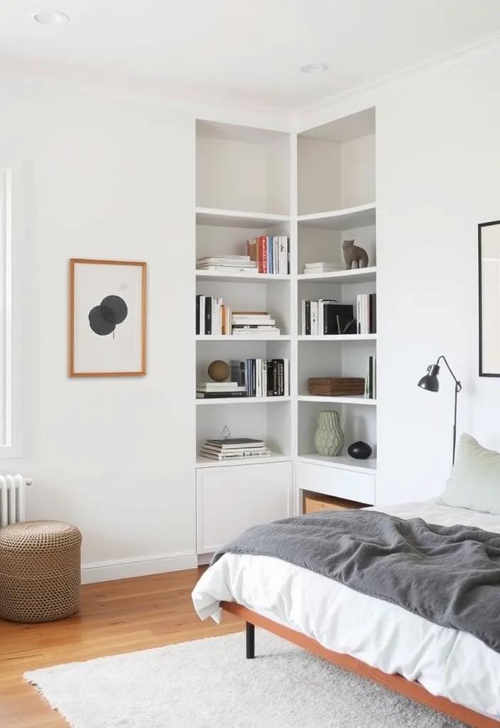 23 Fresh Scandinavian Bedroom Ideas That Will Transform Your Space! - 16. Opt for Built-In Shelving for Practicality