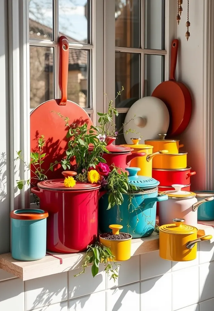 23 Kitchen Window Sill Decor Ideas You'll Love (Get Inspired Today!) - 10. Vintage Cookware Display