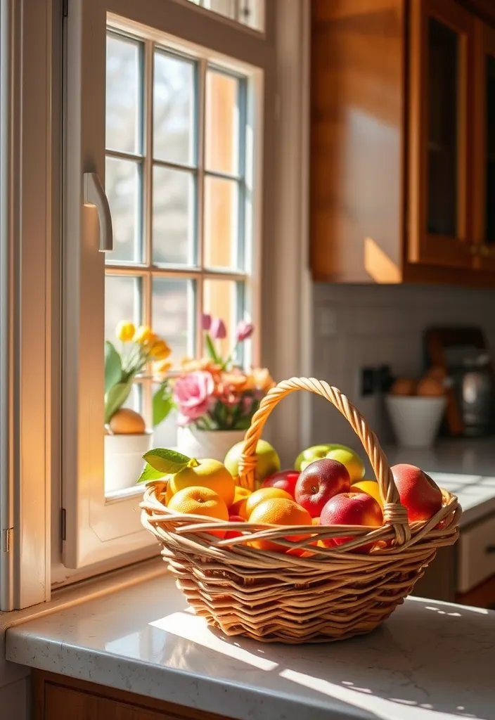 23 Kitchen Window Sill Decor Ideas You'll Love (Get Inspired Today!) - 14. Brightly Colored Fruit Baskets