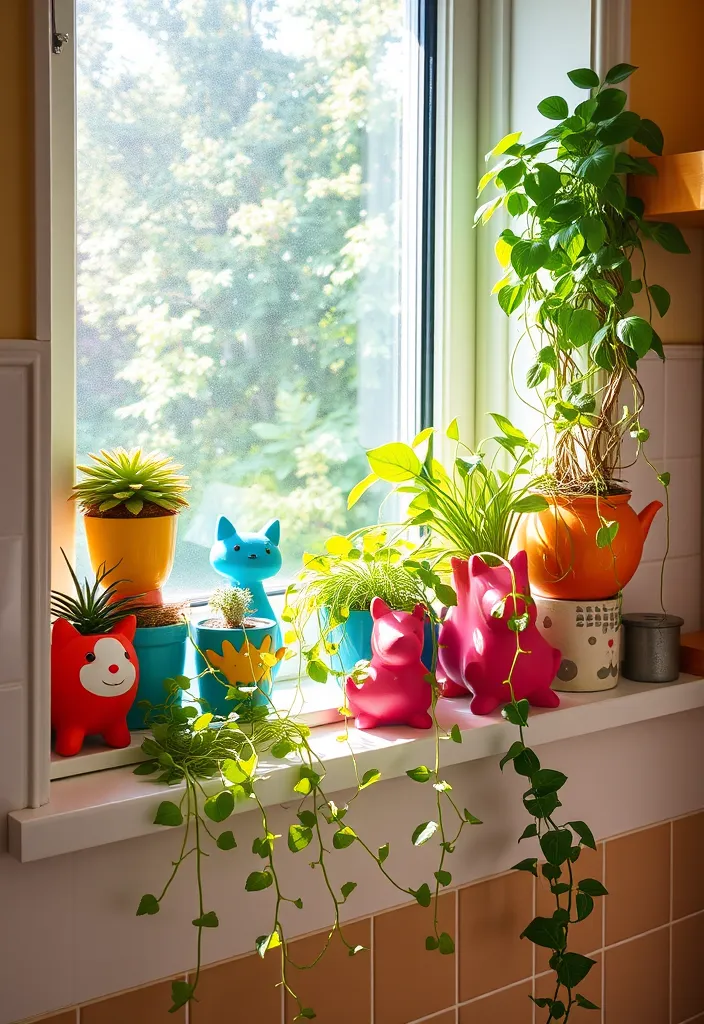 23 Kitchen Window Sill Decor Ideas You'll Love (Get Inspired Today!) - 3. Whimsical Plant Display