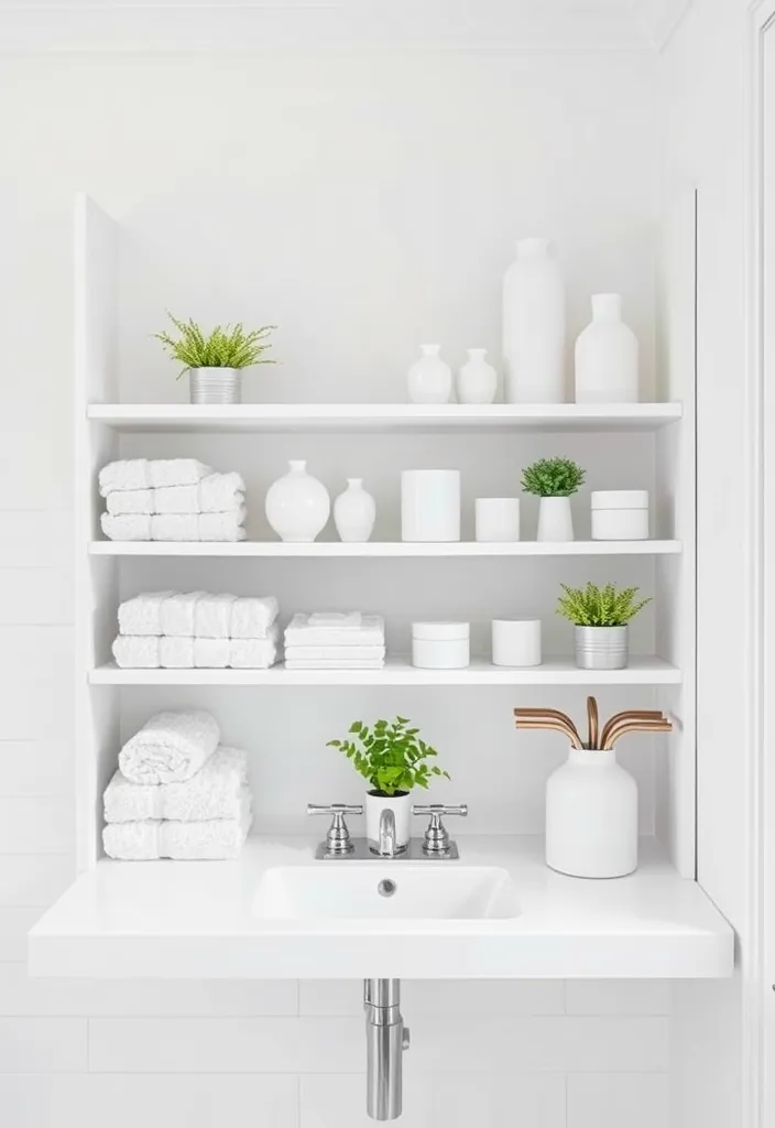 23 Stunning Bathroom Shelf Decor Ideas That Will Transform Your Space! - 9. Monochromatic Magic