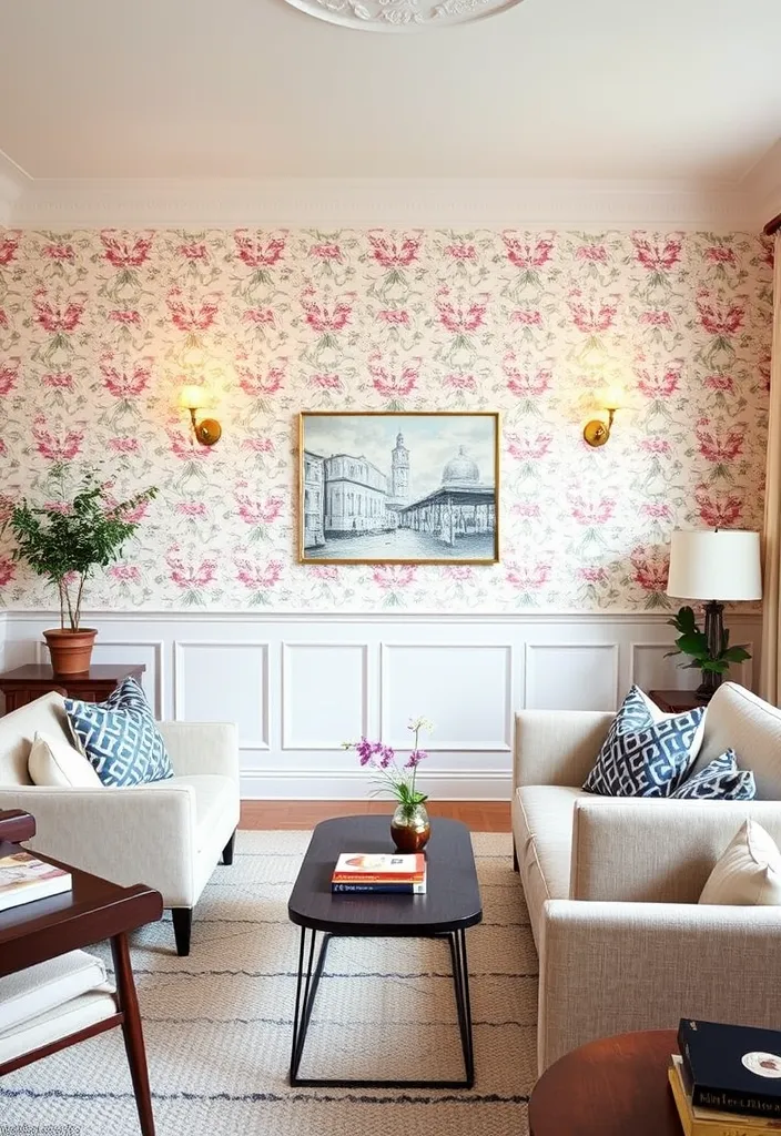 23 Stunning Wainscoting Ideas for Living Rooms That Will Leave You Speechless! - 9. Vintage Wallpaper Wainscoting