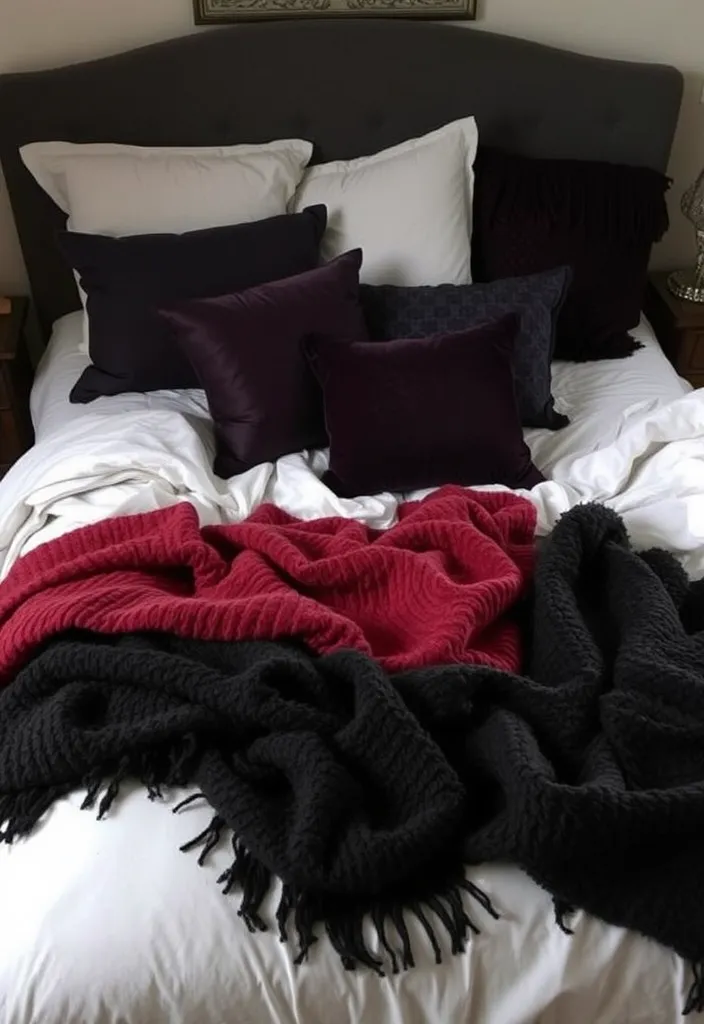 23 Whimsy Goth Bedroom Decorating Ideas That Will Enchant You (Wait Until You See #12!) - 19. Dark and Cozy Throws