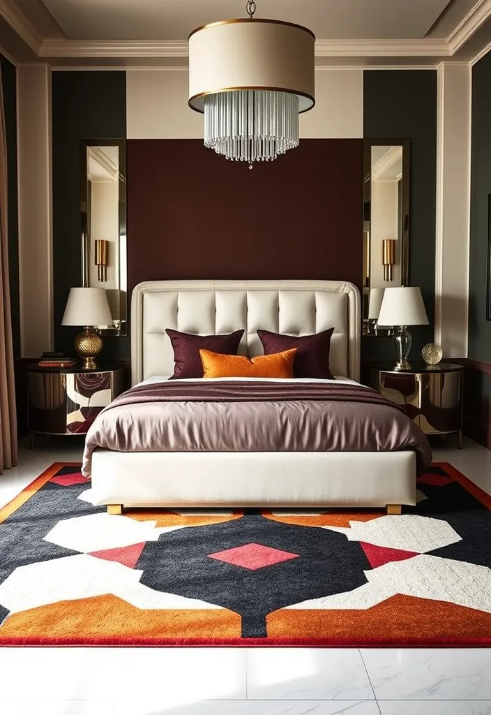 24 Art Deco Bedroom Ideas That Will Inspire Your Next Makeover - 12. Bold Area Rugs