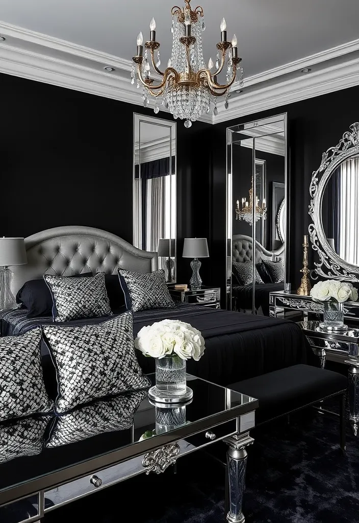 24 Bold Black Bedroom Ideas That Redefine Stylish Living! - 12. Glamorous Black: Sparkle and Shine