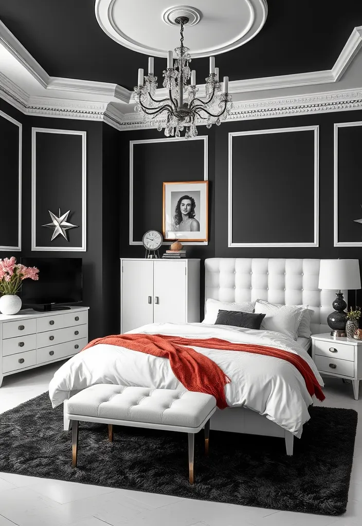 24 Bold Black Bedroom Ideas That Redefine Stylish Living! - 14. Monochrome Contrast: Black and White