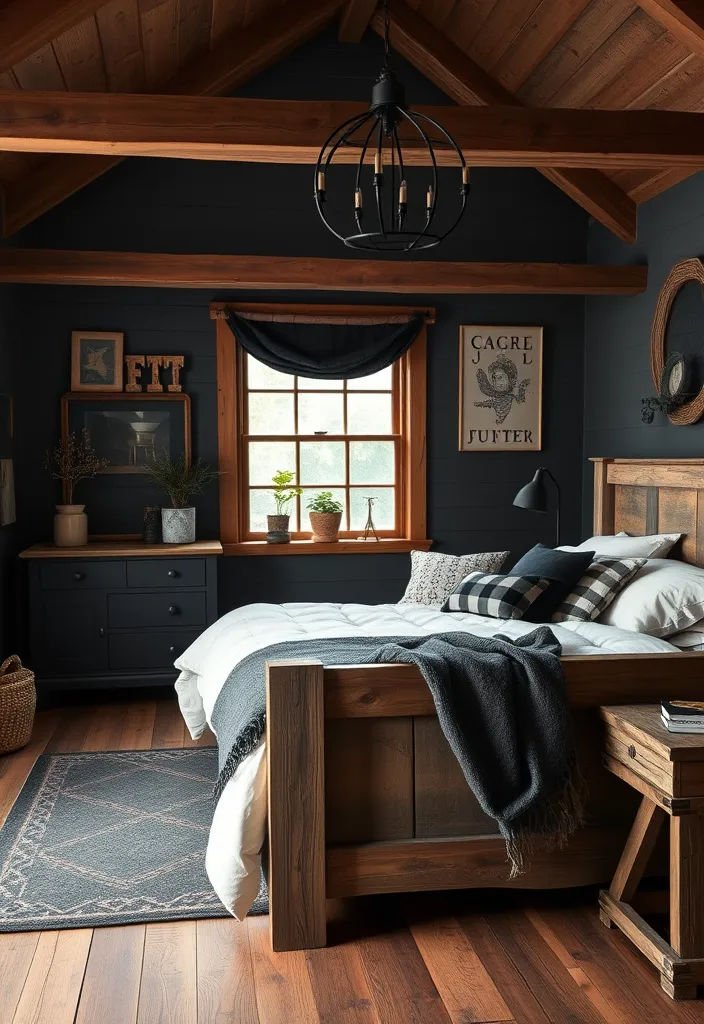 24 Bold Black Bedroom Ideas That Redefine Stylish Living! - 17. Rustic Black: Farmhouse Charm