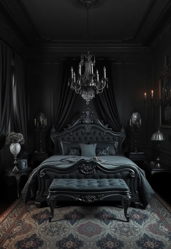 24 Bold Black Bedroom Ideas That Redefine Stylish Living! - 19. Gothic Inspirations: Dark and Dramatic