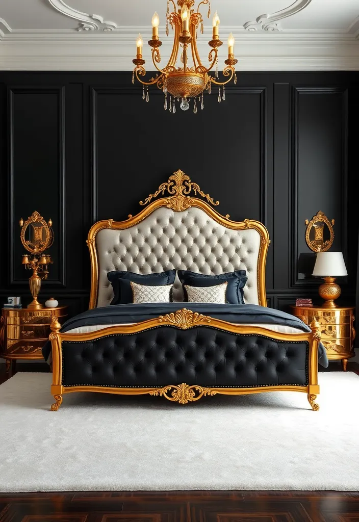 24 Bold Black Bedroom Ideas That Redefine Stylish Living! - 2. Bold Black and Gold: The Luxe Factor