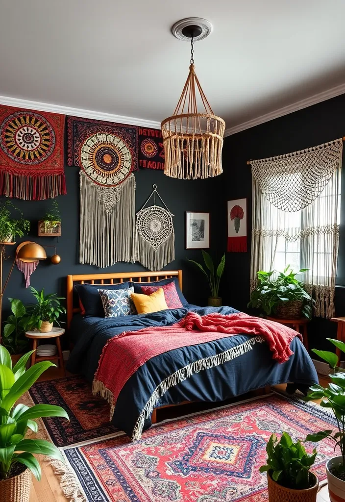 24 Bold Black Bedroom Ideas That Redefine Stylish Living! - 5. Bohemian Bliss: Black with a Twist