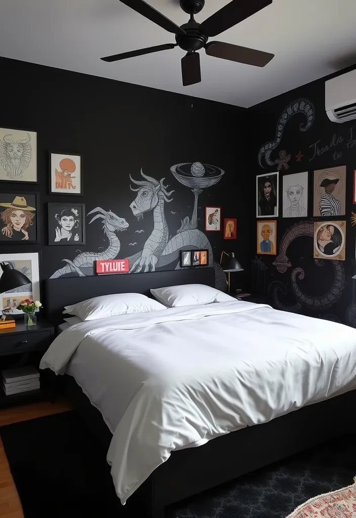 24 Bold Black Bedroom Ideas That Redefine Stylish Living! - 7. Artistic Flair: Black Canvas for Creativity