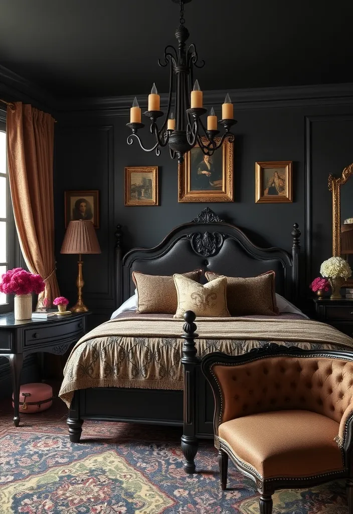 24 Bold Black Bedroom Ideas That Redefine Stylish Living! - 9. Vintage Charm: Classic Black Elegance