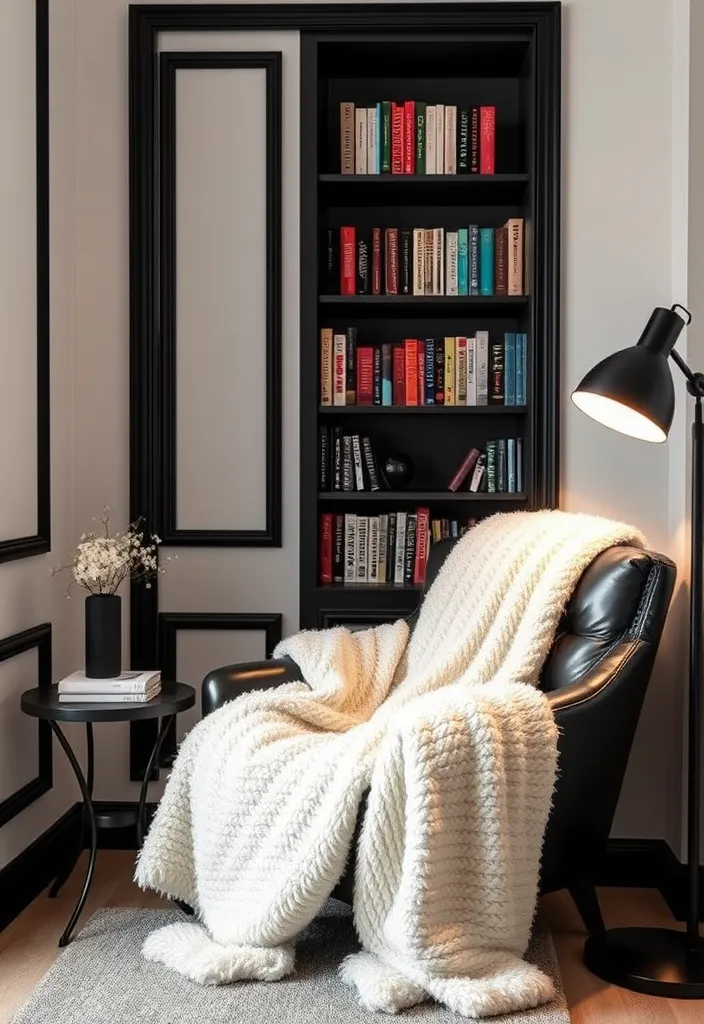 24 Chic Room Ideas That Prove White Walls with Black Trim Are Simply Stunning! - 10. Serene Reading Nook: A Quiet Escape