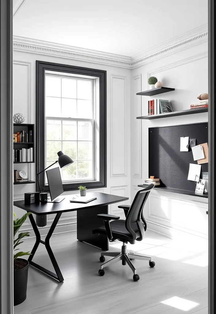 24 Chic Room Ideas That Prove White Walls with Black Trim Are Simply Stunning! - 11. Stunning Home Office: A Productive Space