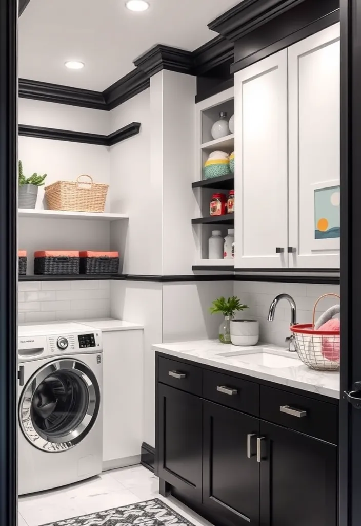 24 Chic Room Ideas That Prove White Walls with Black Trim Are Simply Stunning! - 13. Stylish Laundry Room: Making Chores Fun