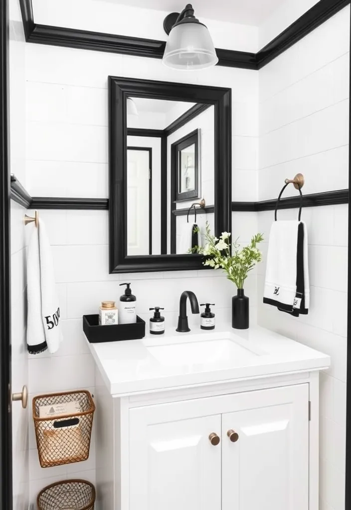 24 Chic Room Ideas That Prove White Walls with Black Trim Are Simply Stunning! - 16. Chic Bathroom Accessories: Elevate Your Space