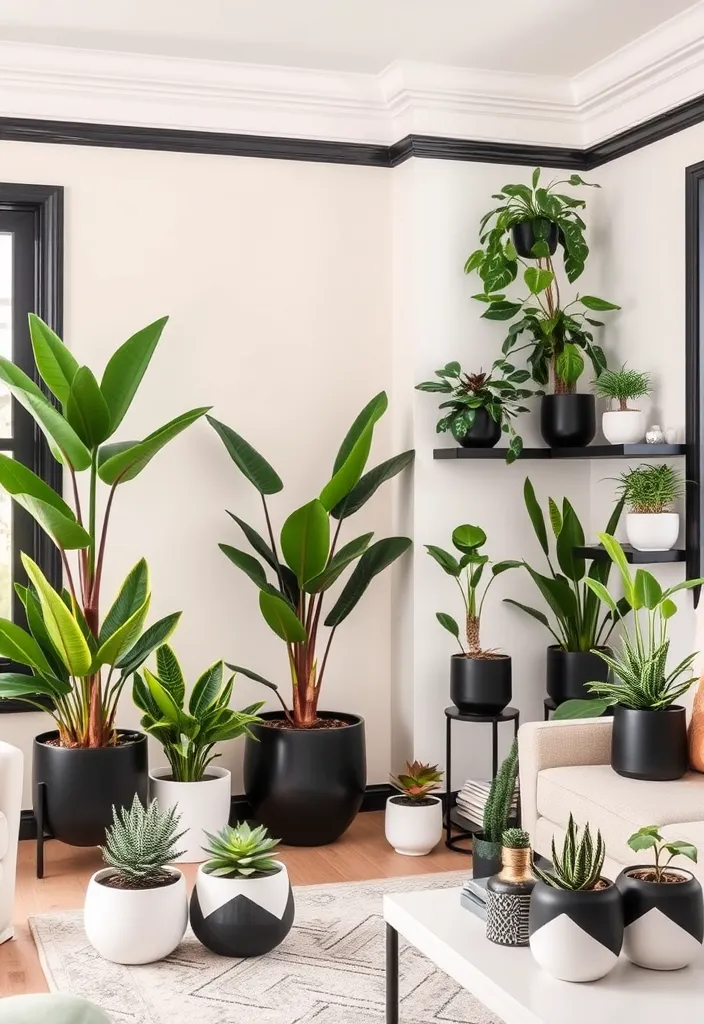 24 Chic Room Ideas That Prove White Walls with Black Trim Are Simply Stunning! - 18. Indoor Plants: Nature Meets Design