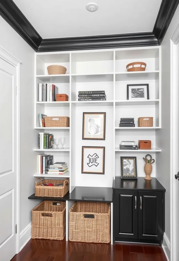 24 Chic Room Ideas That Prove White Walls with Black Trim Are Simply Stunning! - 20. Functional Storage Solutions: Keep it Chic