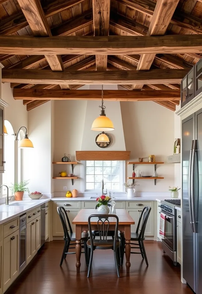 24 Cottage Core Kitchen Ideas That'll Make You Feel Like You're in a Fairytale! - 3. Rustic Wooden Beams