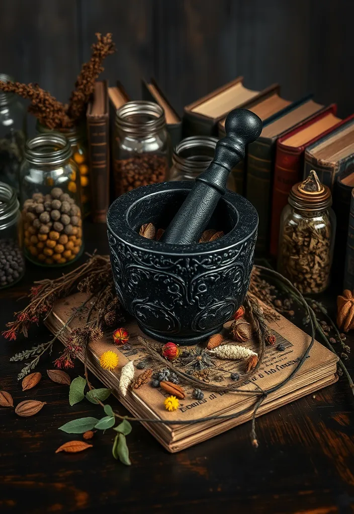 24 Gothic Decor Ideas That'll Transform Your Home into a Moody Masterpiece! - 8. Mortar and Pestle Decor